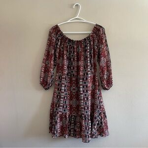 BB Dakota Black & Burgundy Geometric Off Shoulder Dress - Size Small EUC